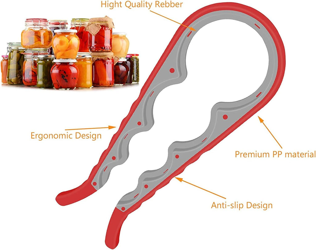 Jar Opener. 5 in 1 Multi Function Can Opener Bottle Opener Kit with Silicone Handle Easy to Use for Children. Elderly and Arthritis Sufferers (Apple Red)