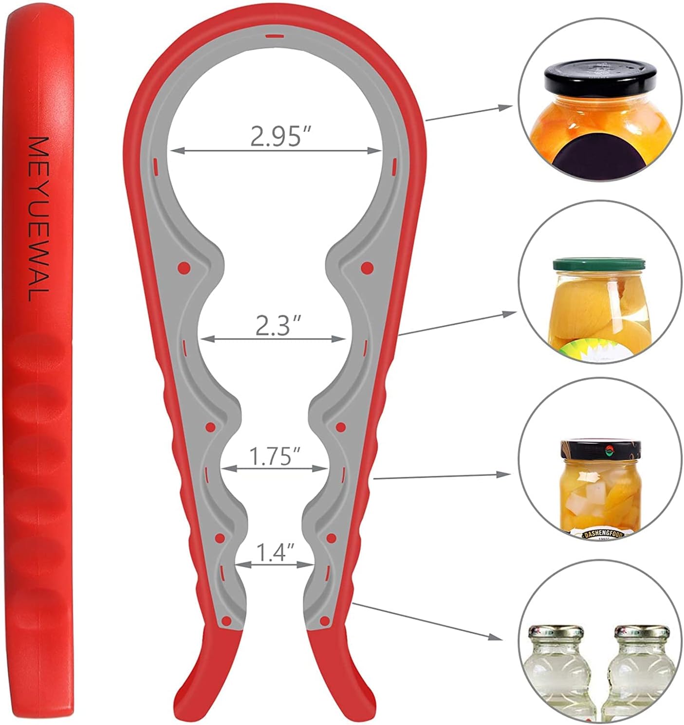 Jar Opener. 5 in 1 Multi Function Can Opener Bottle Opener Kit with Silicone Handle Easy to Use for Children. Elderly and Arthritis Sufferers (Apple Red)