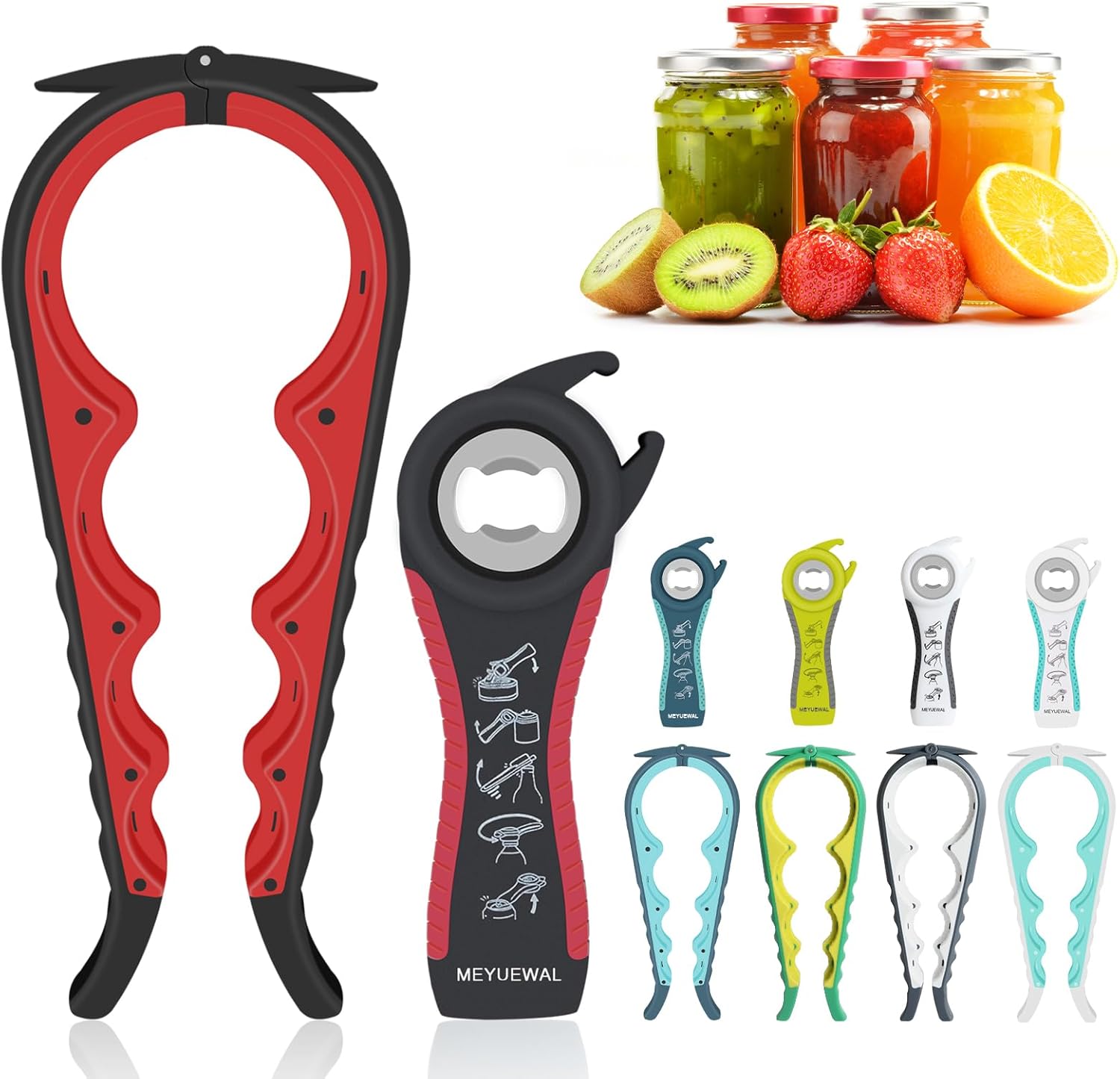 Jar Opener. 5 in 1 Multi Function Can Opener Bottle Opener Kit with Silicone Handle Easy to Use for Children. Elderly and Arthritis Sufferers (Apple Red)